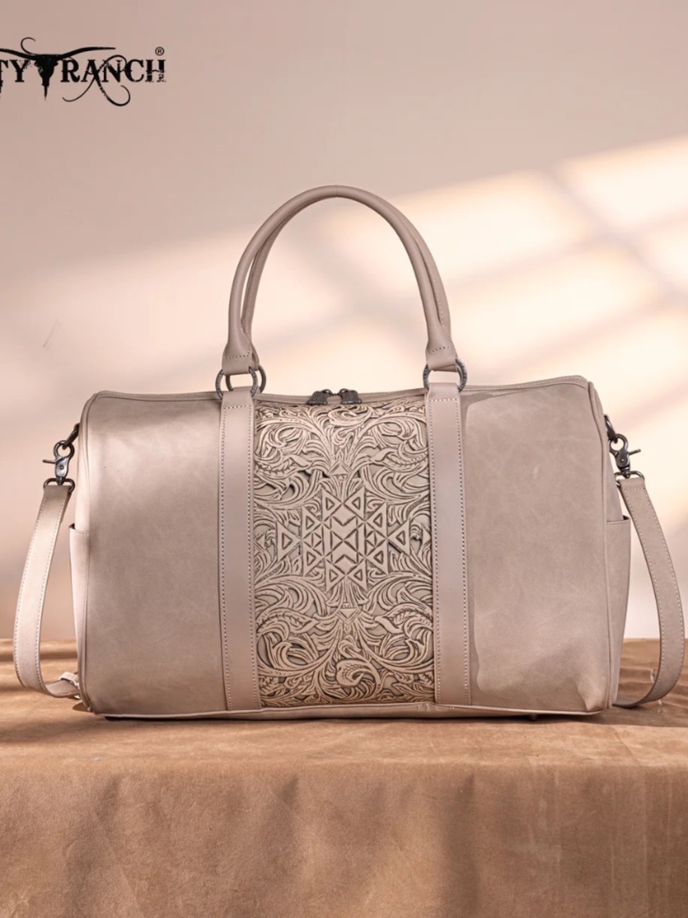 Trinity Ranch Floral Aztec Tooled Collection Weekender Bag Tan